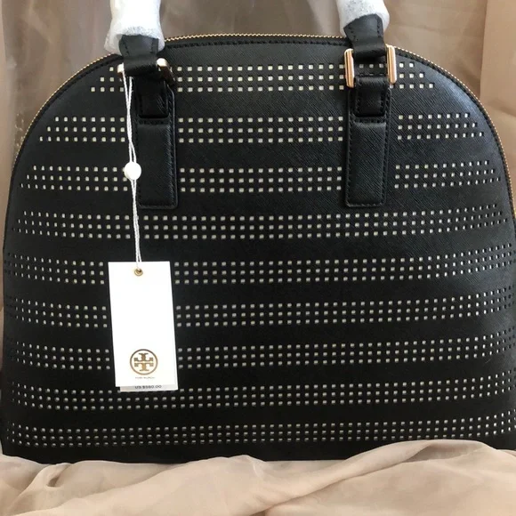 New Tory Burch Robinson perforated satchel bag black purse white $550 - Picture 3 of 6